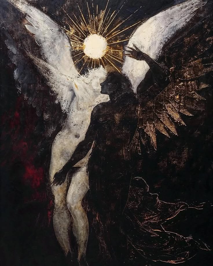 Painting of a luminous figure and a shadow figure merged beneath a golden sun